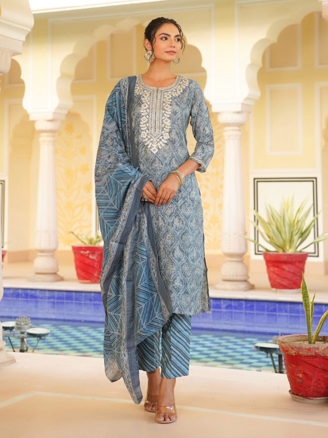 KALINI Floral Printed Regular Kurta With Trousers & Dupatta