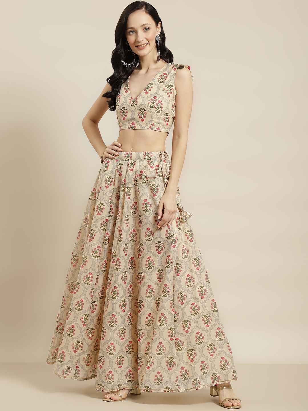 Shae by SASSAFRAS Beige & Pink Printed Ready to Wear Lehenga
