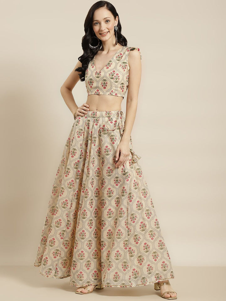 Shae by SASSAFRAS Beige & Pink Printed Ready to Wear Lehenga