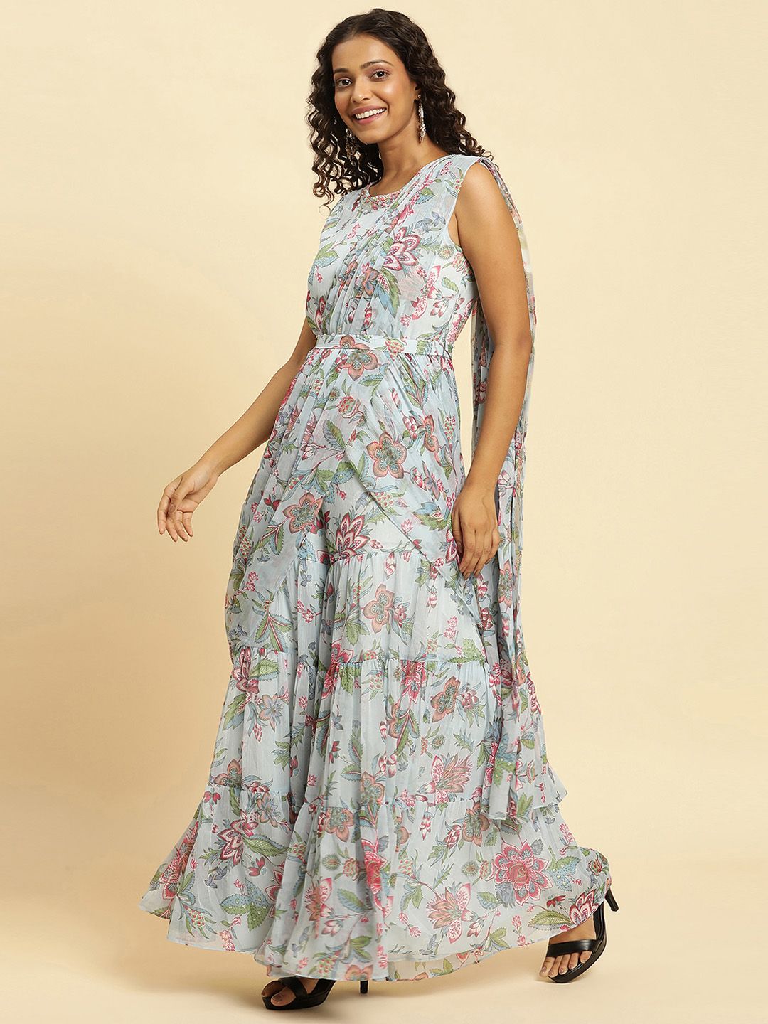W Floral Printed Waist Tie-Ups Culotte Jumpsuit
