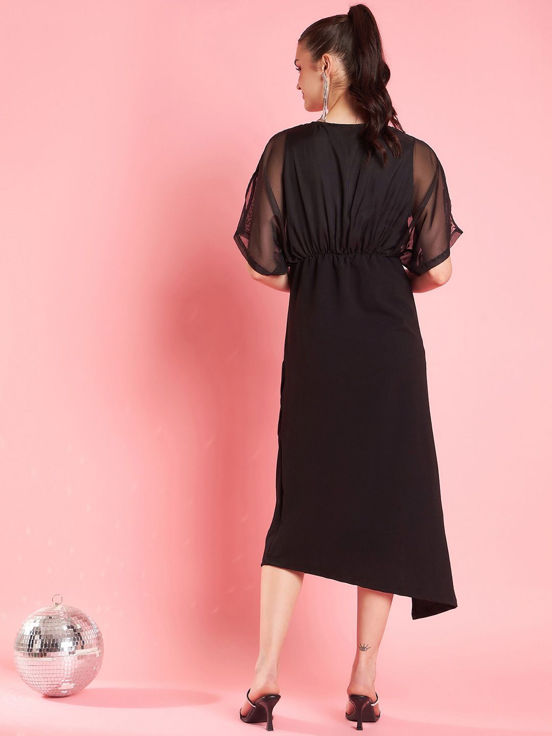 Antheaa Black Chiffon Sheath Midi Dress