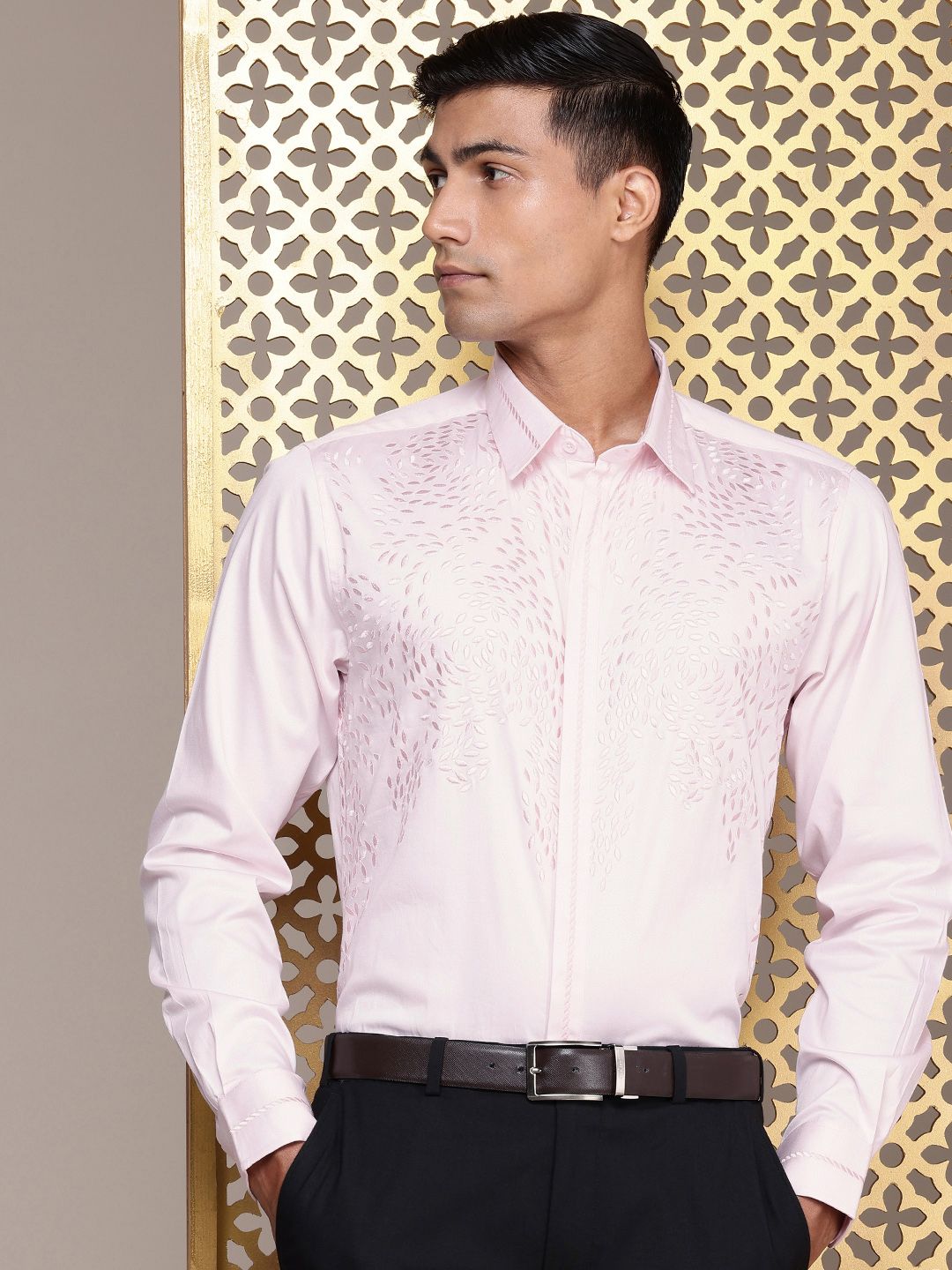 House of Pataudi Self Design Pure Cotton Opaque Party Shirt