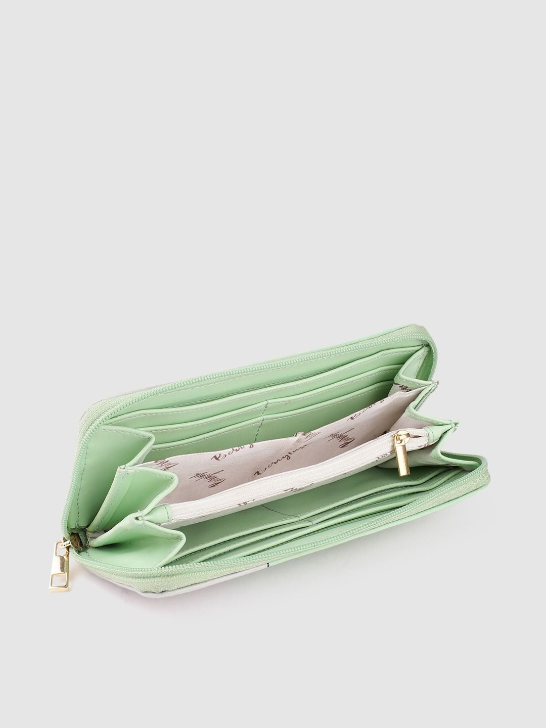 Berrylush Women Green & Pink Printed Zip Detail Zip Around Wallet