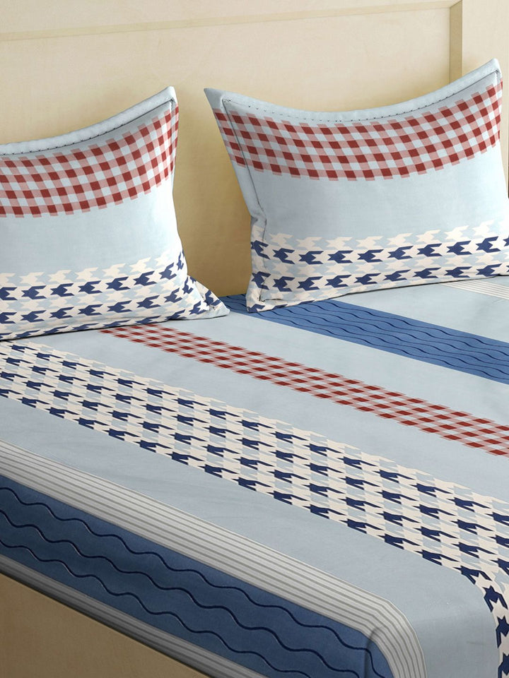 KLOTTHE Biru Kapas Geometrik 300 TC Cadar King Halus dengan 2 Sarung Bantal-250 x 225 cm