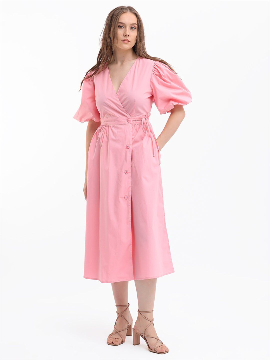 Rareism Puff Sleeve Midi Wrap Dress