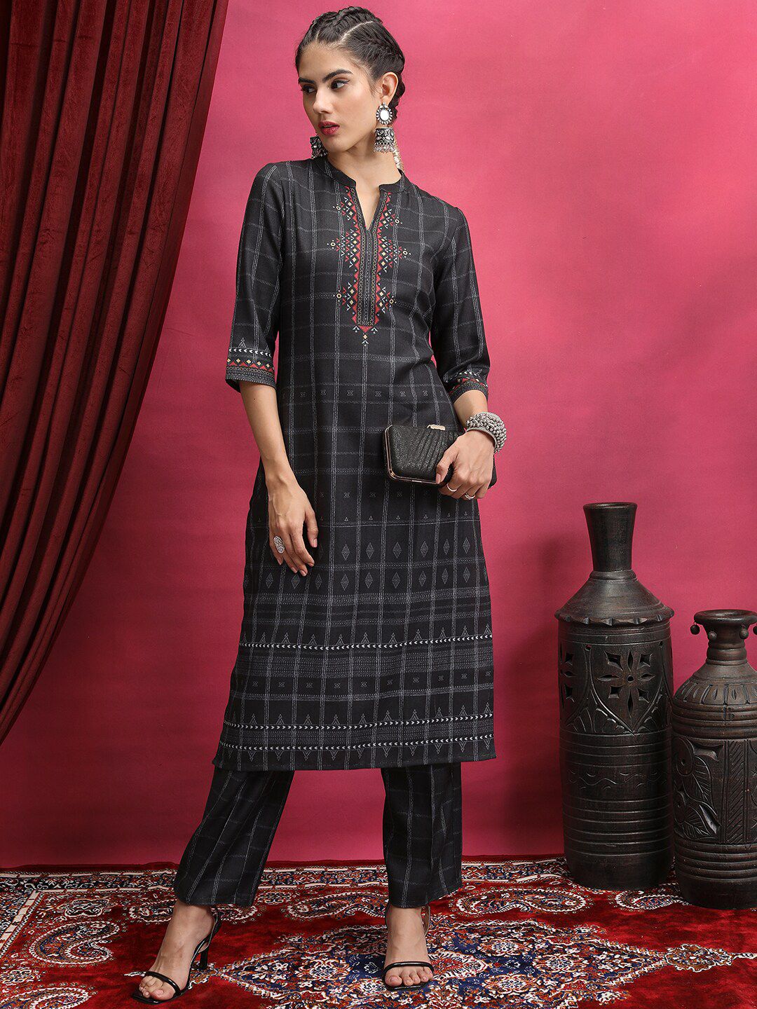 Vishudh Black Ethnic Motifs Printed Notch Neck Kurta With Trouser