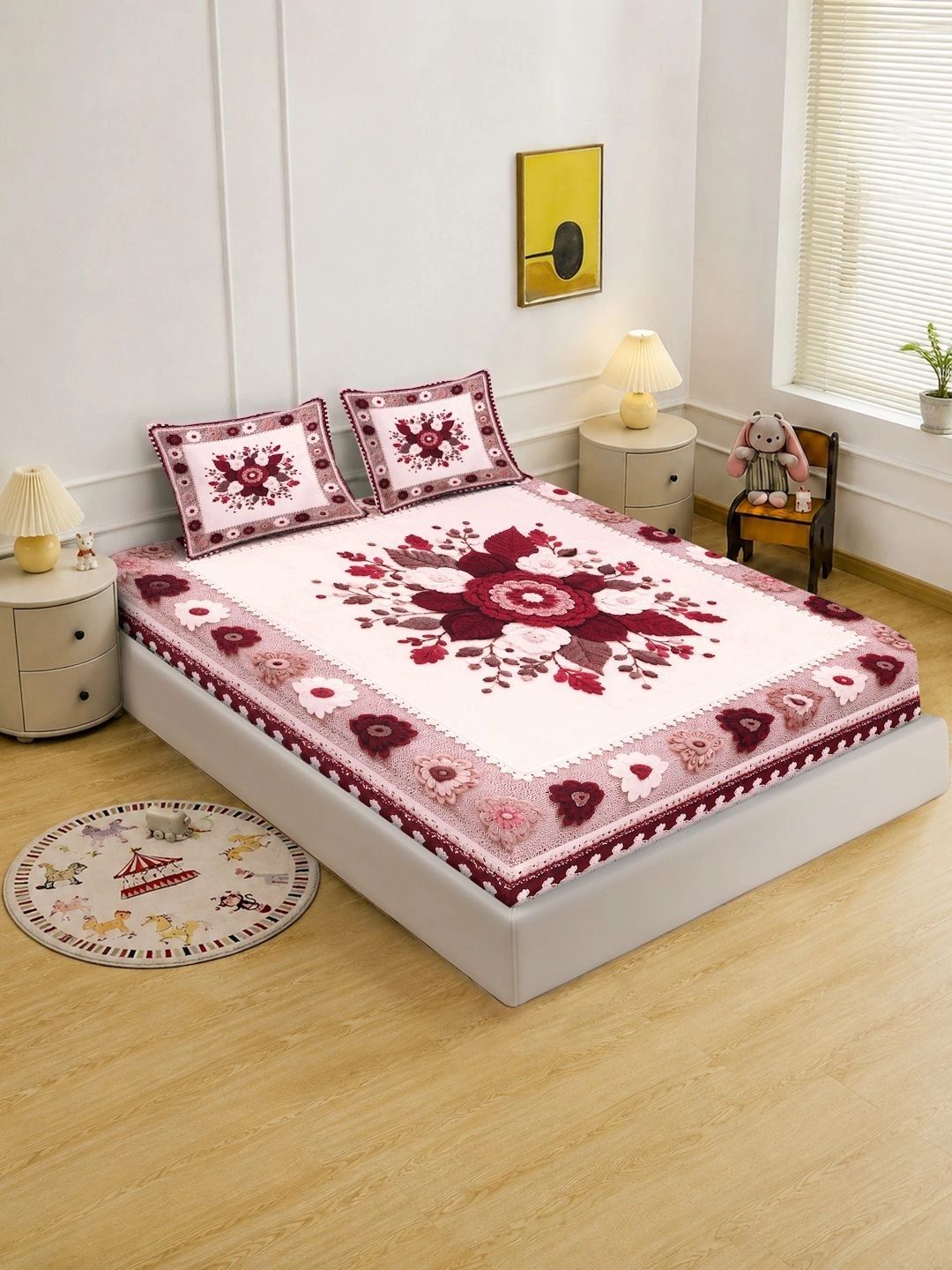 Moda Rapido X KLOTTHE Maroon & Pink Floral 400 TC Cadar King dengan 2 Sarung Bantal