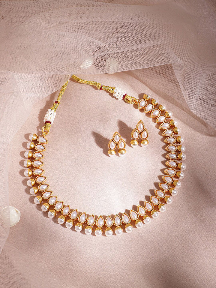 Rubans 18K Gold Plated White Pearl Beaded Contemporary Handcrafted Choker Necklace Set