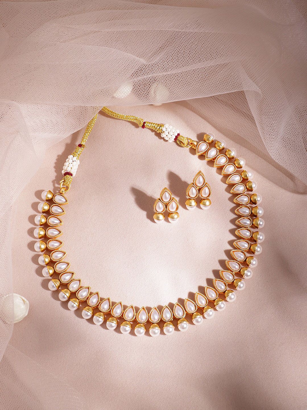 Rubans 18K Gold Plated White Pearl Beaded Contemporary Handcrafted Choker Necklace Set