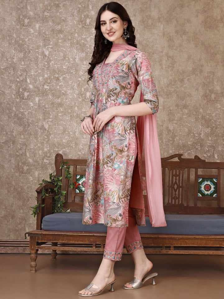KALINI Floral Printed Regular Thread Work Kurta with Trousers & Dupatta