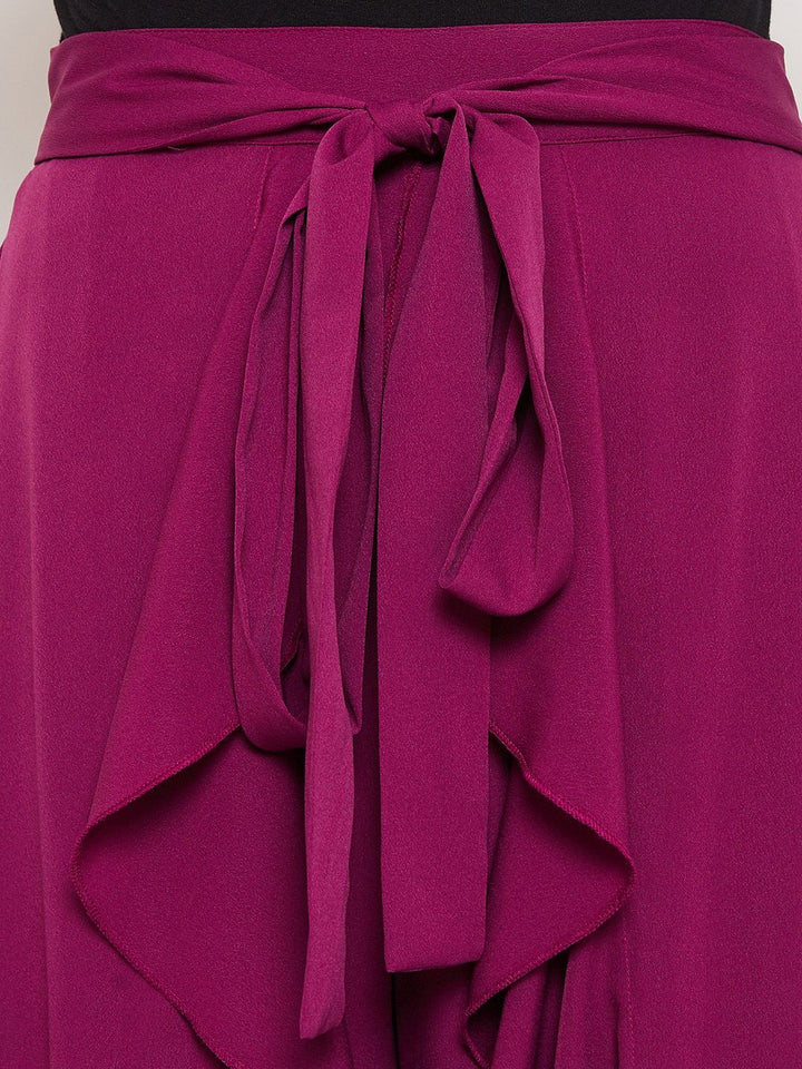 Berrylush Women Purple Solid Ruffle Maxi Wrap Pant Skirt