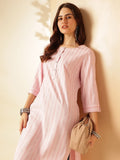 Anouk Pink Striped Self Design Round Neck Regular Straight Kurta