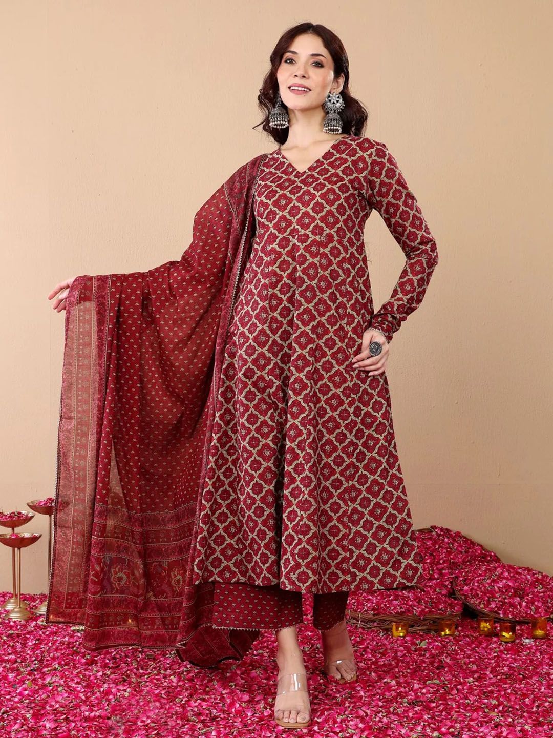 KALINI Ethnic Motifs Printed V-Neck Anarkali Kurta With Trousers And Dupatta