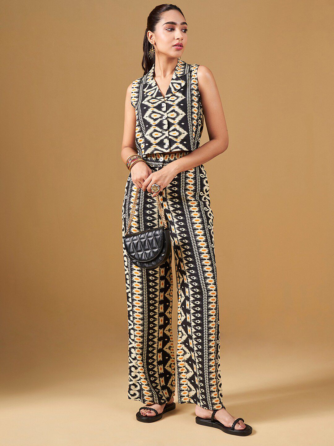 Global Desi Printed Lapel Collar Top & Palazzo