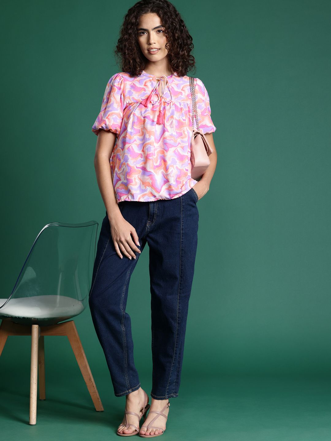 DressBerry Printed Tie-Up Neck Puff Sleeve Top