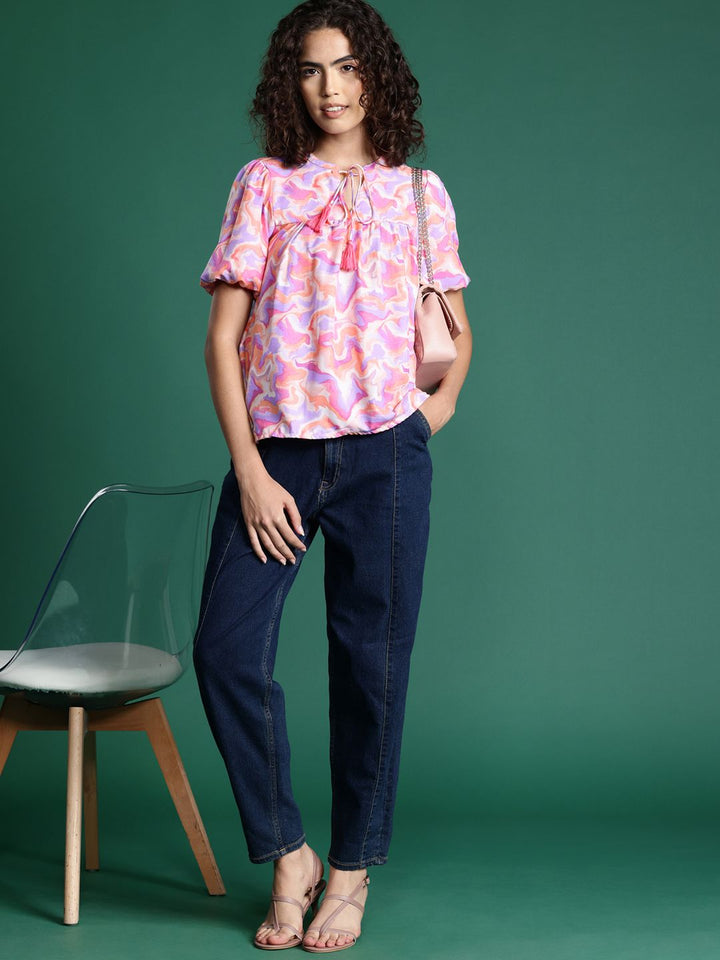DressBerry Printed Tie-Up Neck Puff Sleeve Top