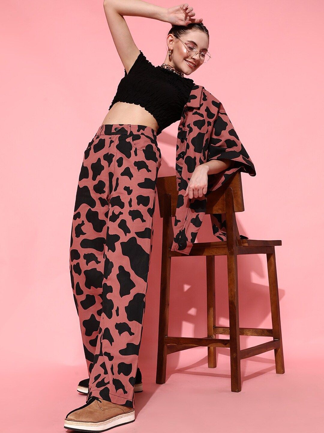 STREET 9 Women Animal Printed Smart Loose Fit High-Rise Regular Trousers