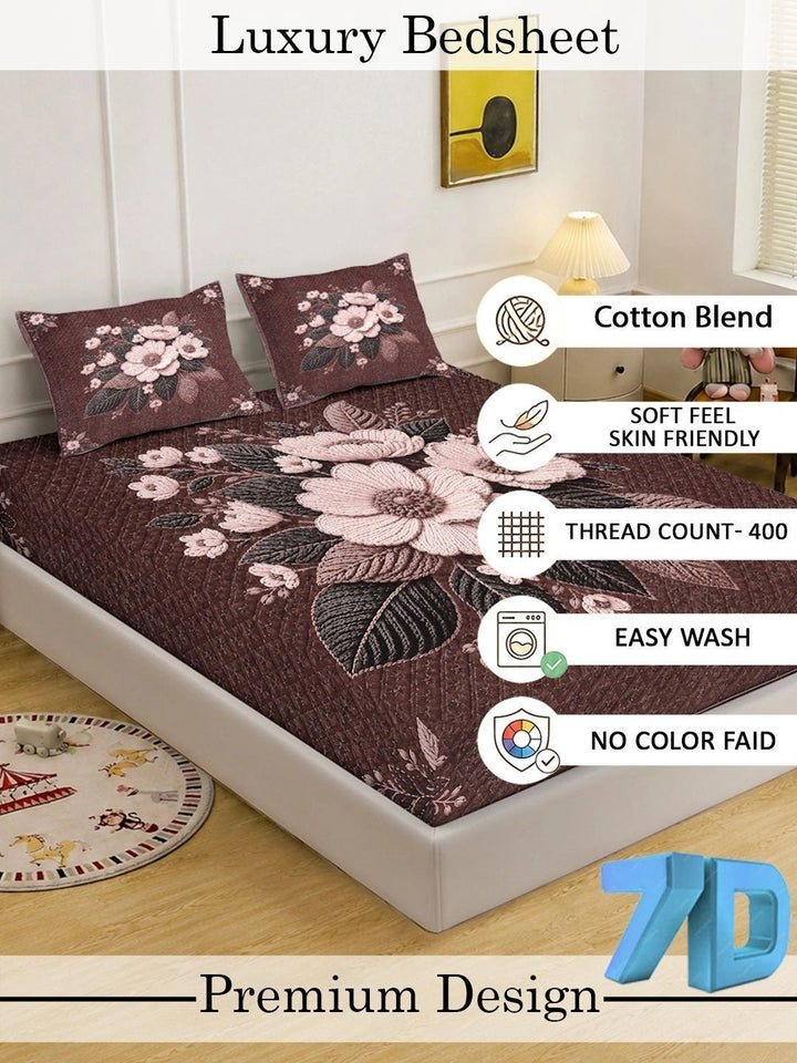 KLOTTHE Brown & Pink Floral 400 TC King Bedsheet with 2 Pillow Covers