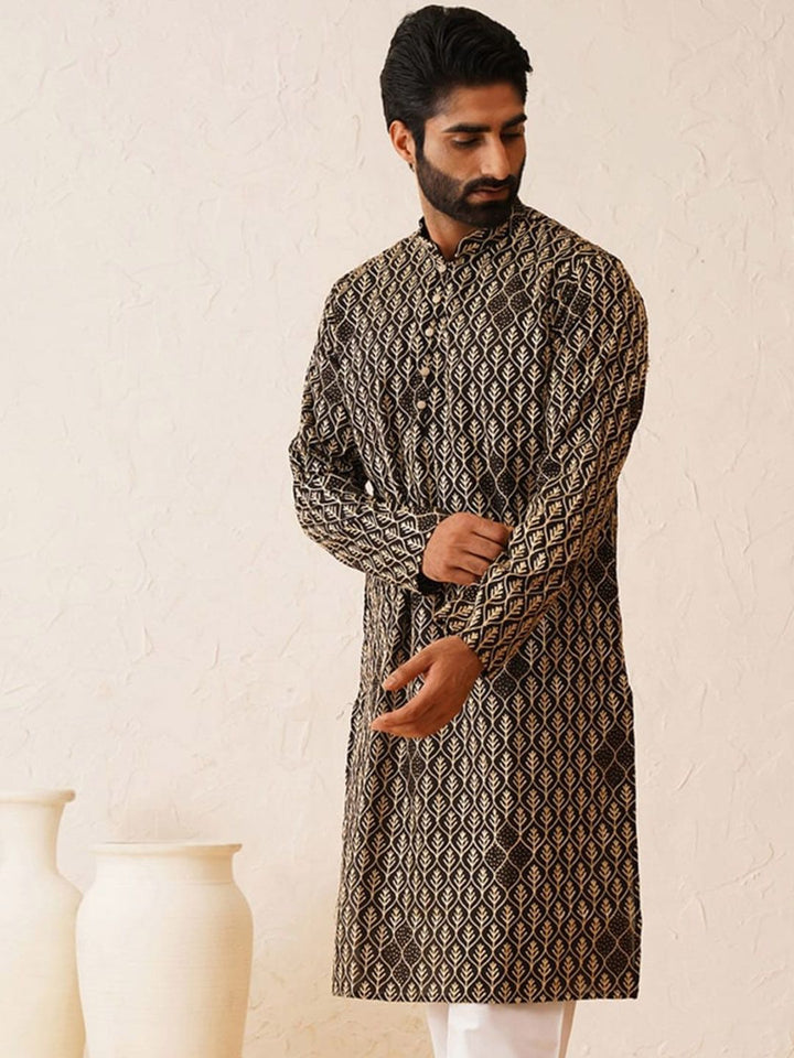 SOJANYA Kolar Mandarin Sulam Lengan Panjang Cotton Straight Kurta