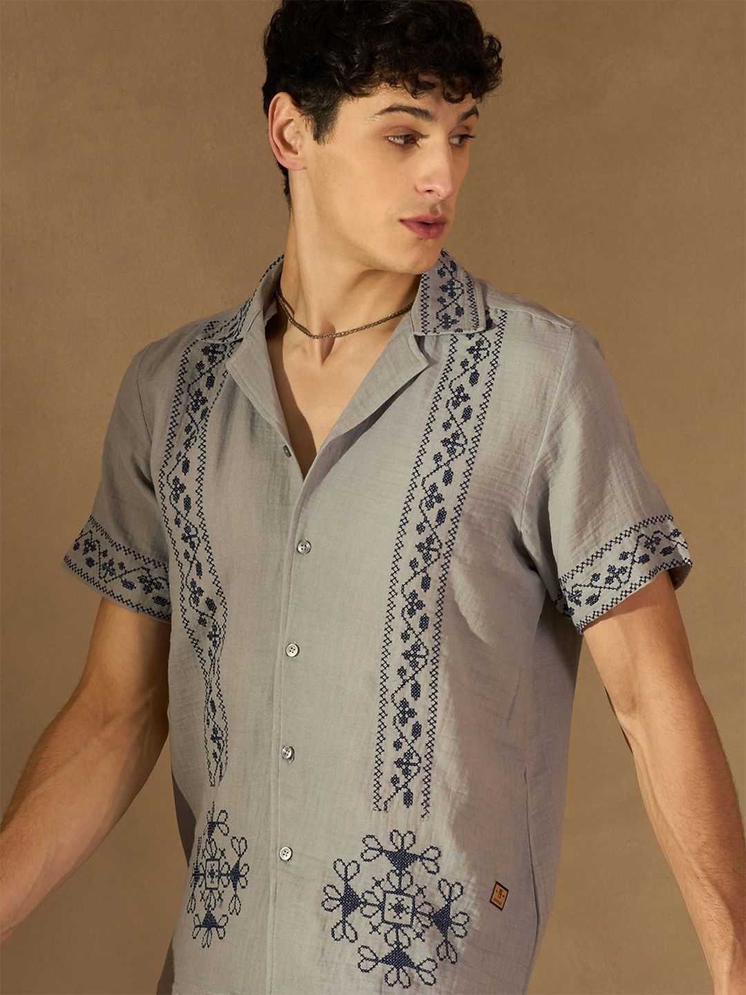 DENNISON Men Embroidered Oversized Cuban collar Short Slevees Traditional Casual Shirt