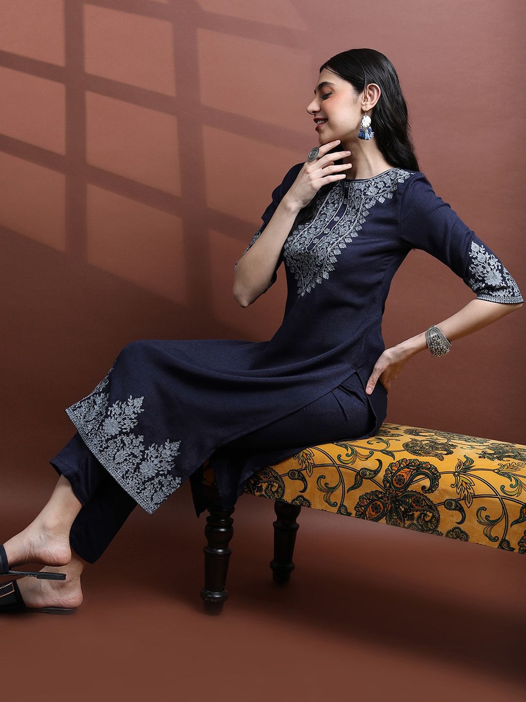 Vishudh Embroidered Faux Pashmina Kurta with Trousers