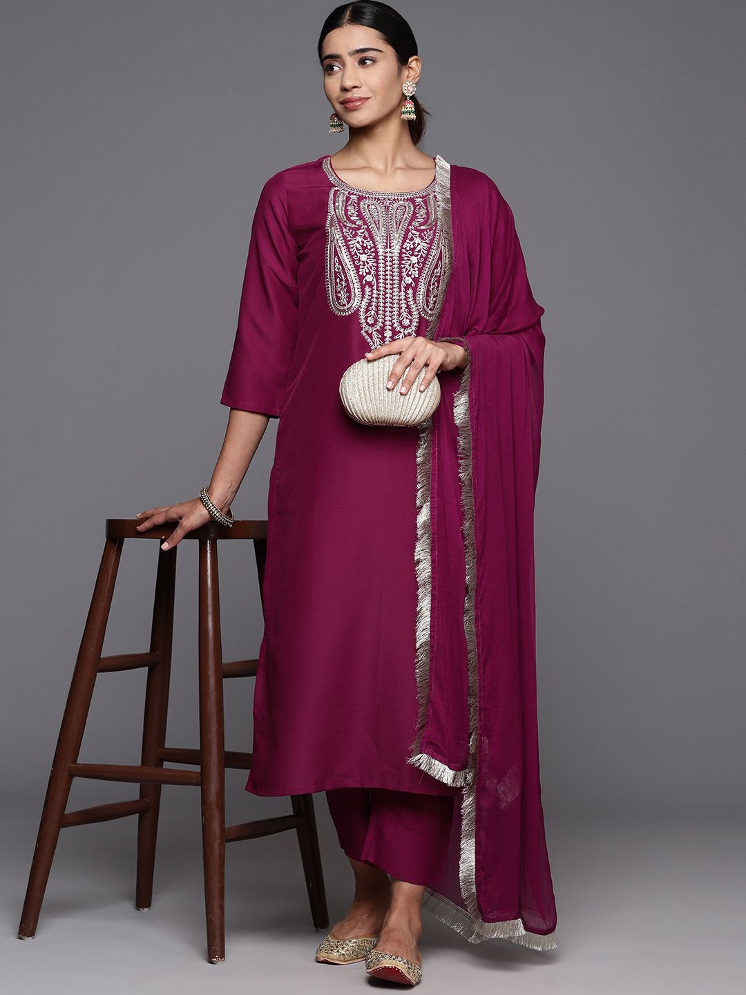 Varanga Paisley Zzari Embroidered Regular Kurta with Trousers & Dupatta