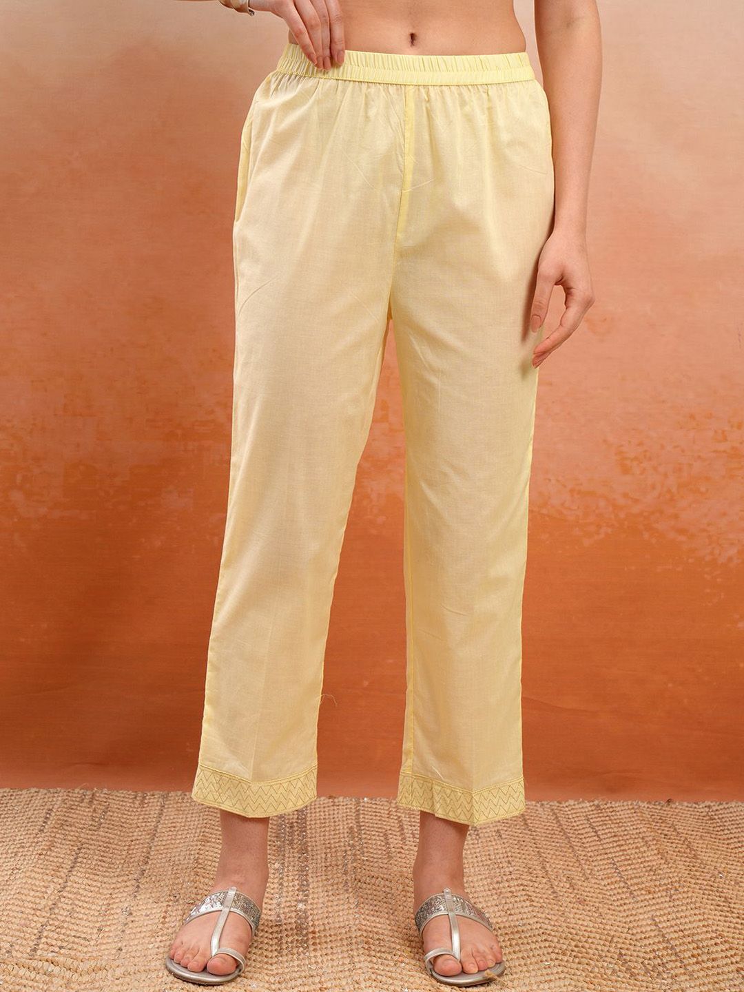 Vishudh Yellow Embroidered Thread Work Pure Cotton A-Line Kurta With Trousers & Dupatta