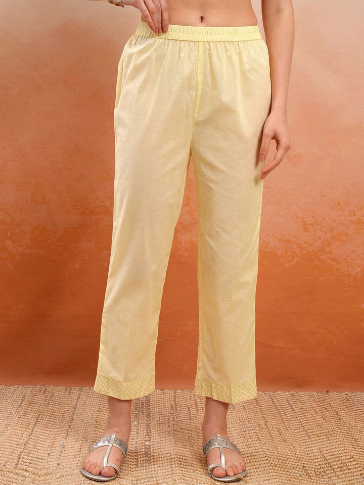 Vishudh Yellow Embroidered Thread Work Pure Cotton A-Line Kurta With Trousers & Dupatta