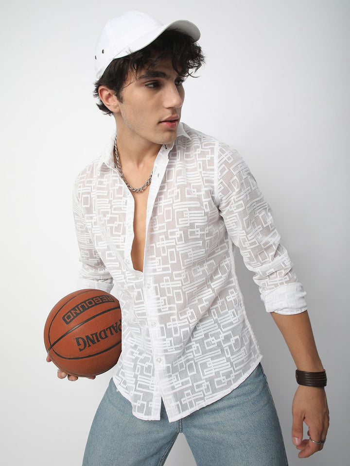 VASTRADO Men Classic Spread Collar Geometric Self Design Slim Fit Casual Shirt