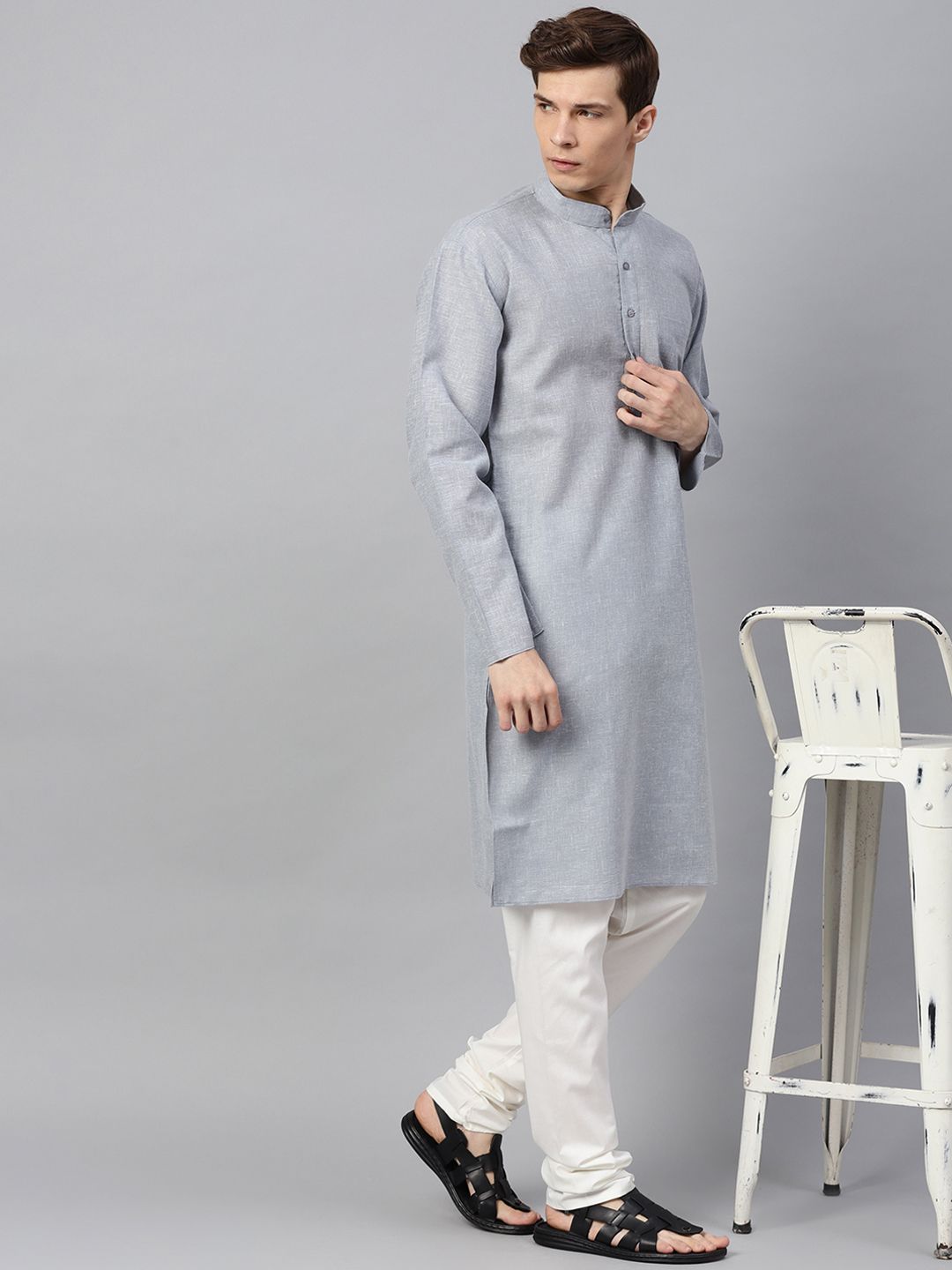 SOJANYA Men Grey Solid Straight Kurta