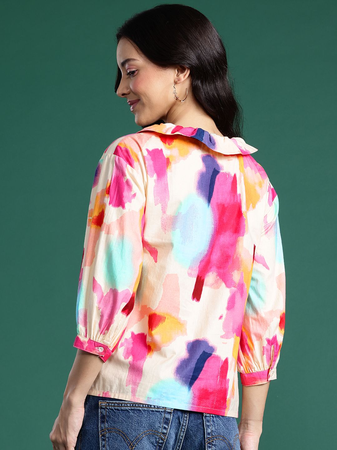 DressBerry Dyed Tie-Up Neck Puff Sleeves Cotton Top