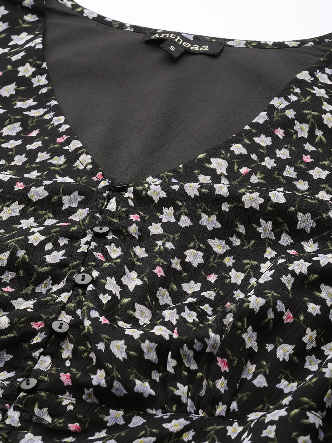 Antheaa Black & White Floral Printed Monochrome Chiffon Top