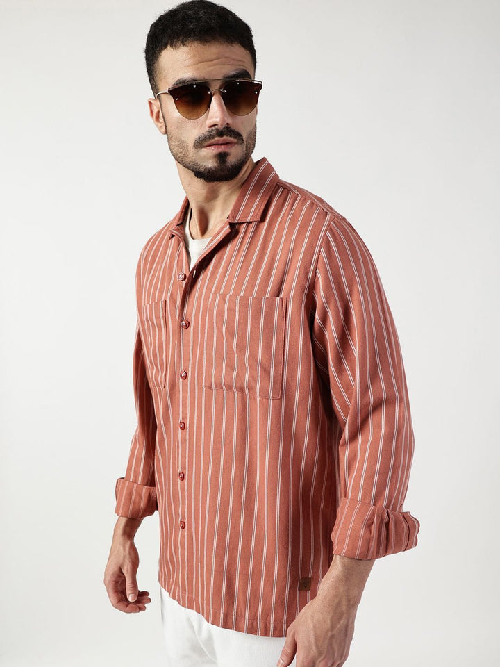 Thomas Scott Men Premium Spread Collar Vertical Striped Pure Cotton Slim Fit Casual Shirt