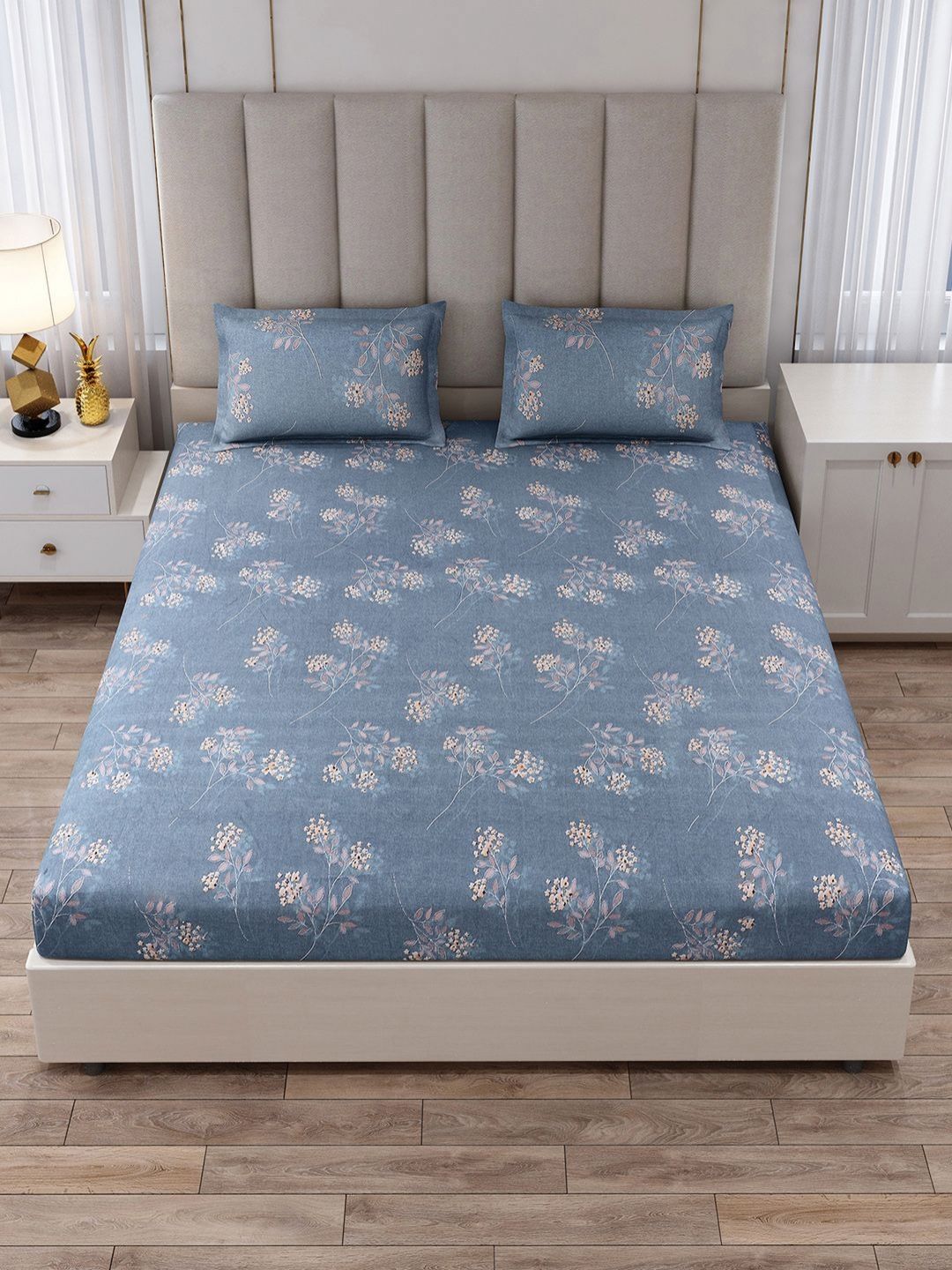 Monte Carlo Blue & Beige Floral Printed 130 TC King Bedsheet Set 2.75 m x 2.75 m