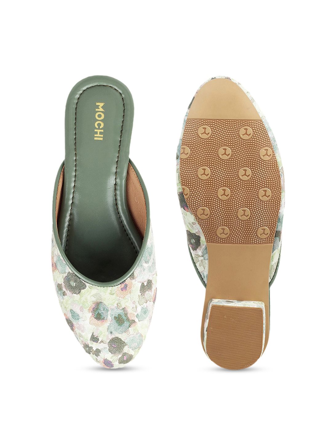 Mochi Women Green Floral Block Mules