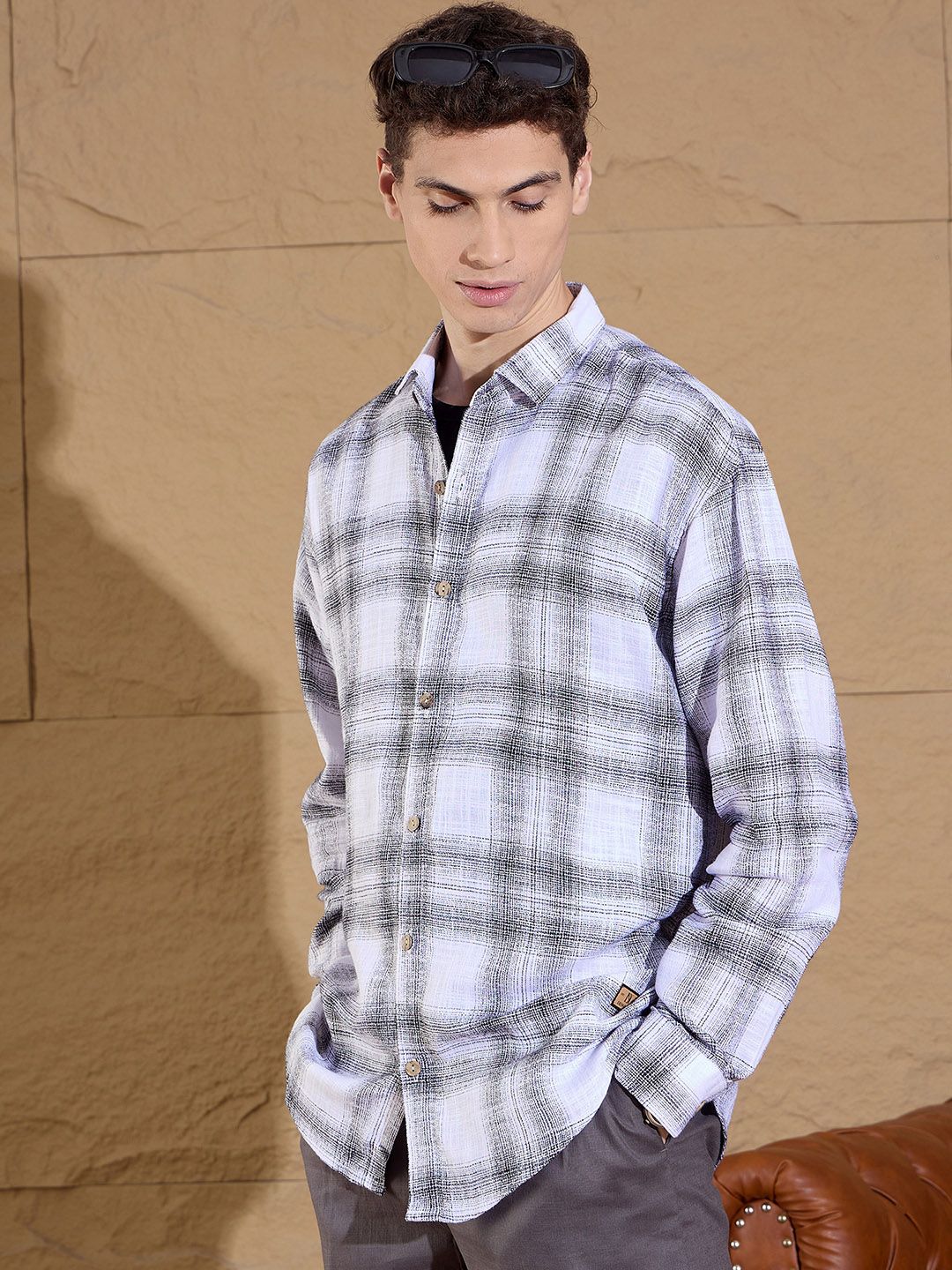 DENNISON Men Tartan Checked Drop shoulder Pure Cotton Oversized Shirt