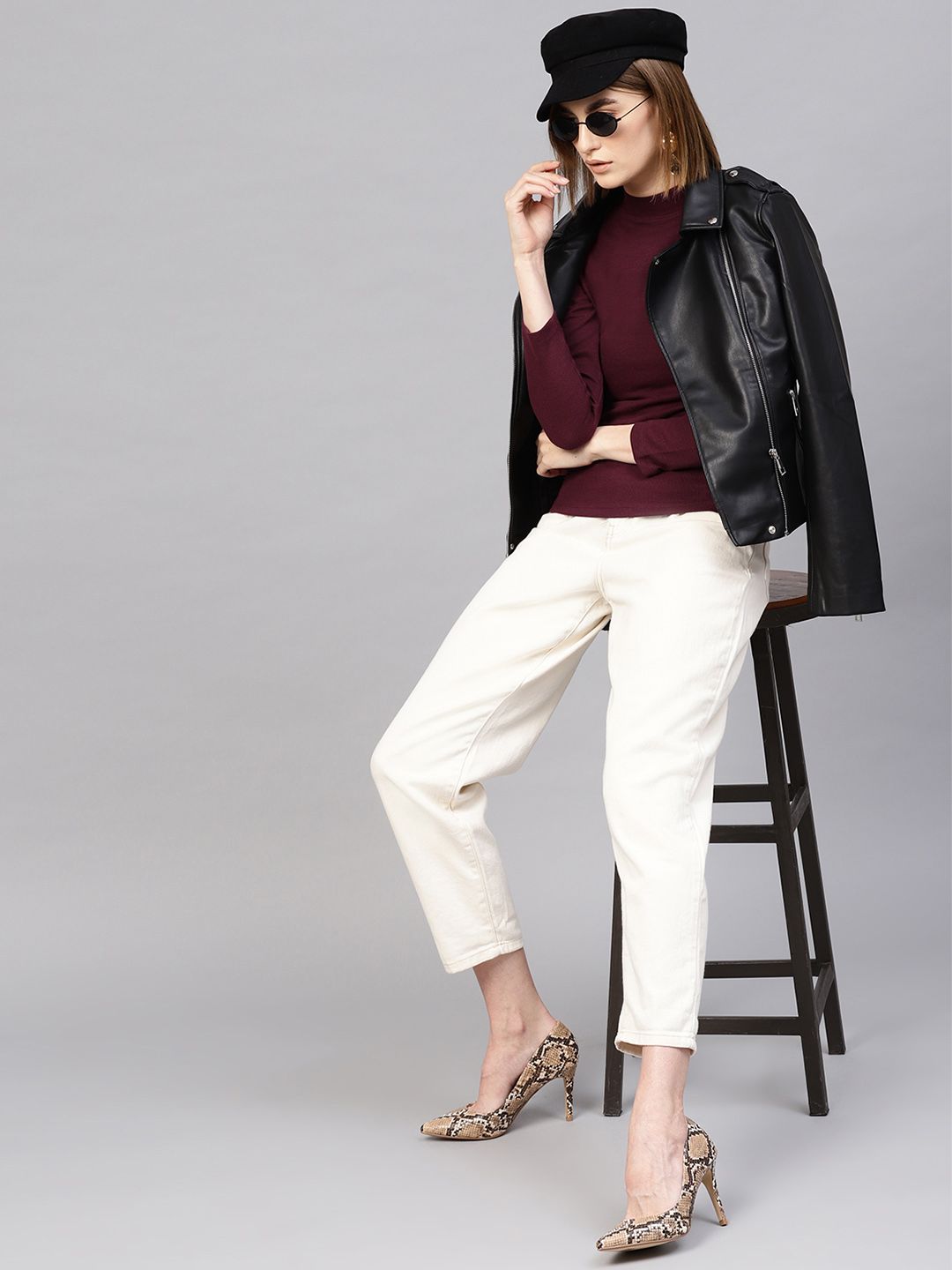 SASSAFRAS Burgundy High Neck Ribbed Top