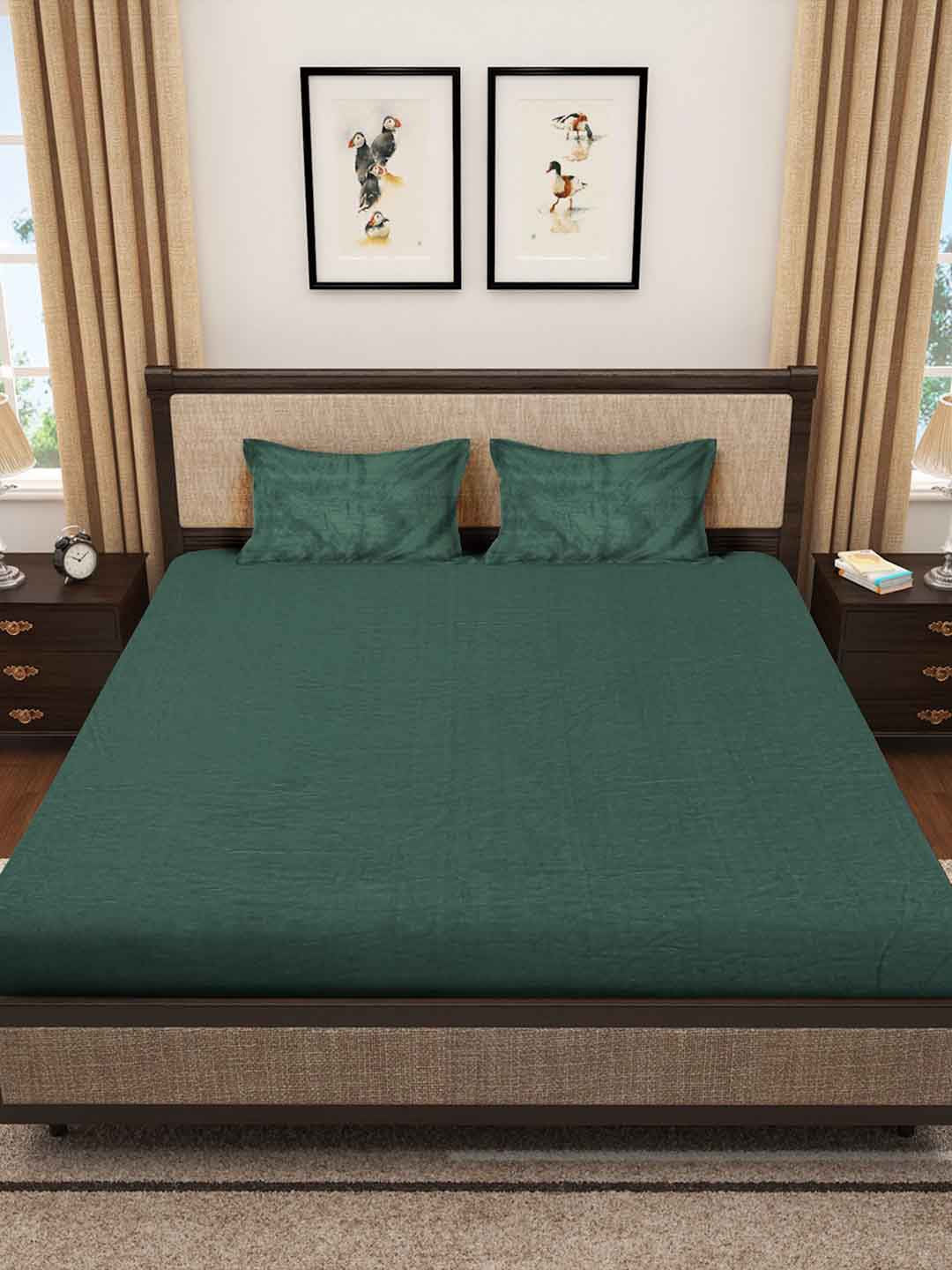 KLOTTHE Green 300 TC Wool Double Bed Bedsheet With 2 Pillow Covers