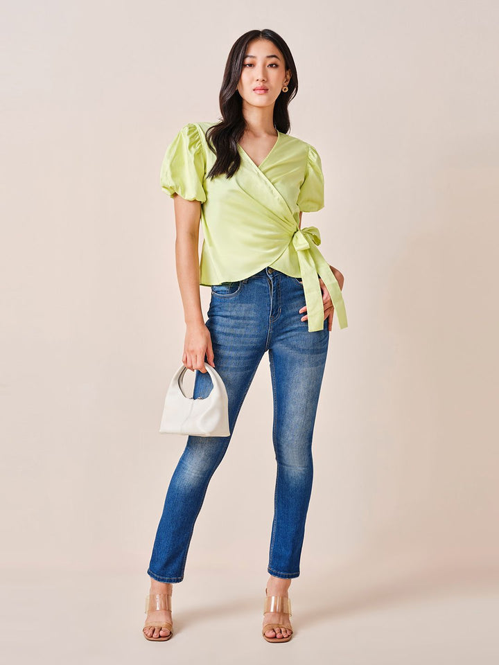 AND Women Solid Puff Sleeve Cotton Wrap Top