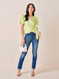 AND Women Solid Puff Sleeve Cotton Wrap Top