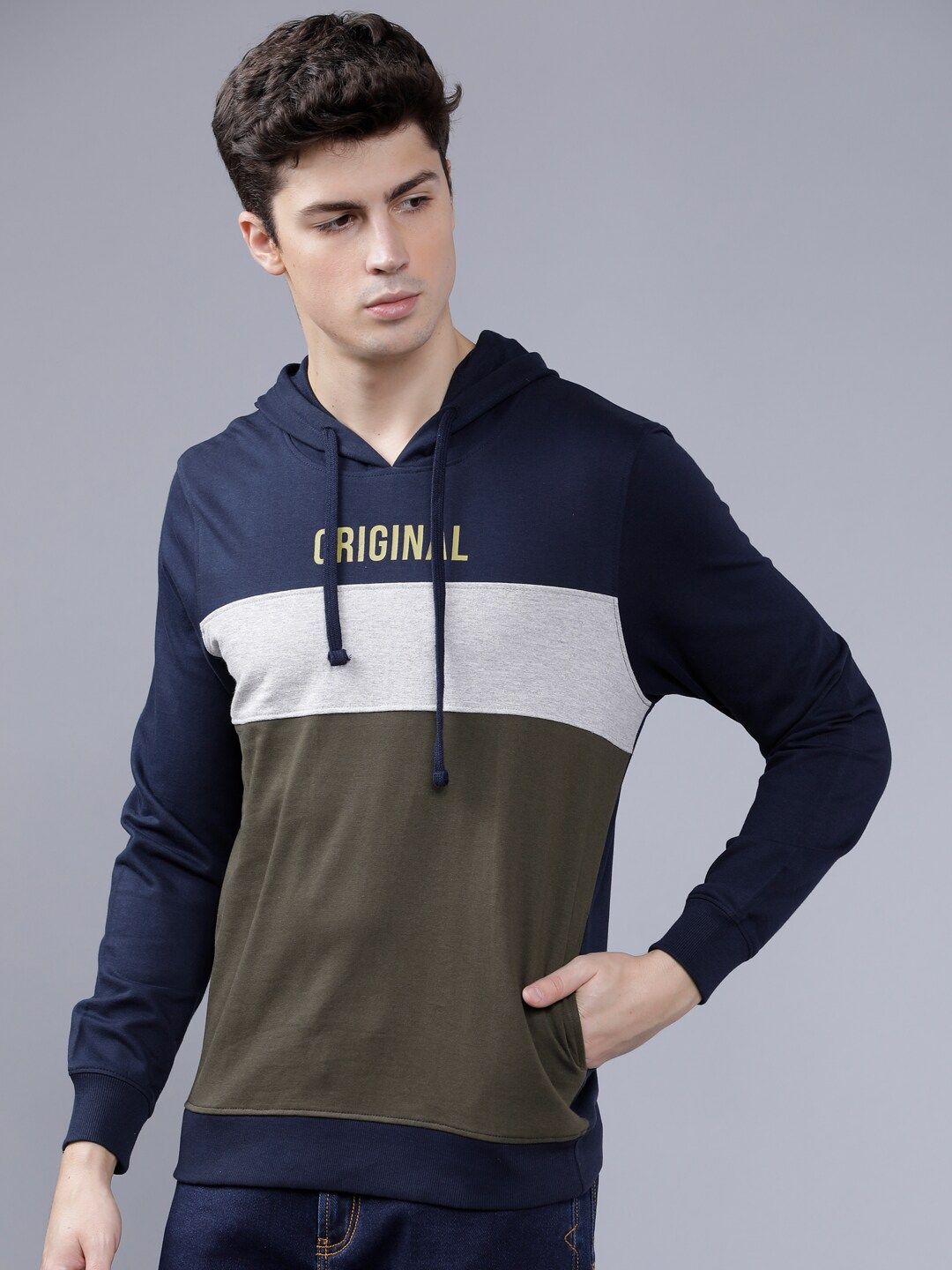 The Indian Garage Co Men Olive Green & White Colourblocked Hooded Sweatshirt