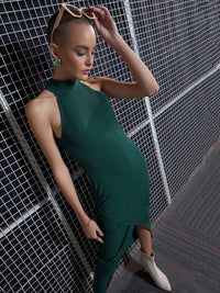 SASSAFRAS Green High Neck Sheath Midi Dress