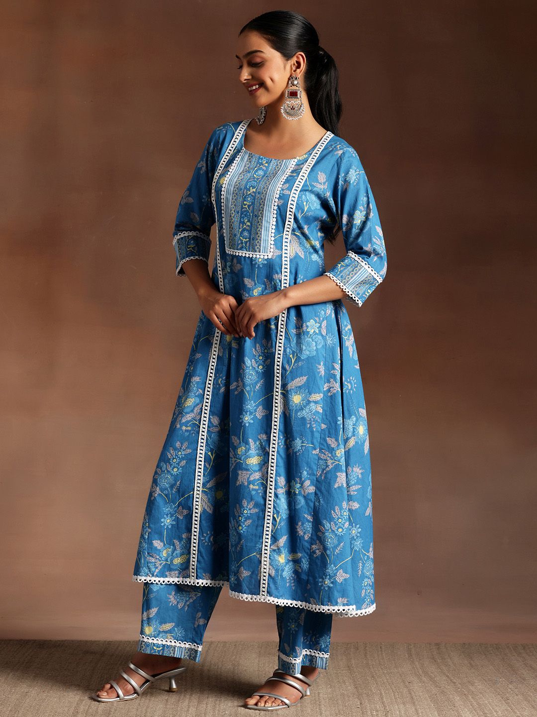 Libas Floral Printed Panelled Pure Cotton Kurta with Palazzos