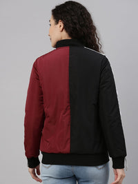 Campus Sutra Women Black& Maroon Colourblocked Windcheater Outdoor Bomber Jacket