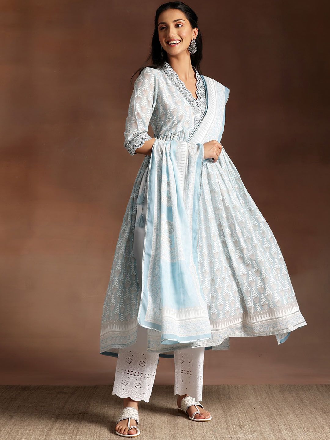 Libas Grey Floral Printed V-Neck Flared Pure Cotton A-Line Kurta With Palazzos & Dupatta