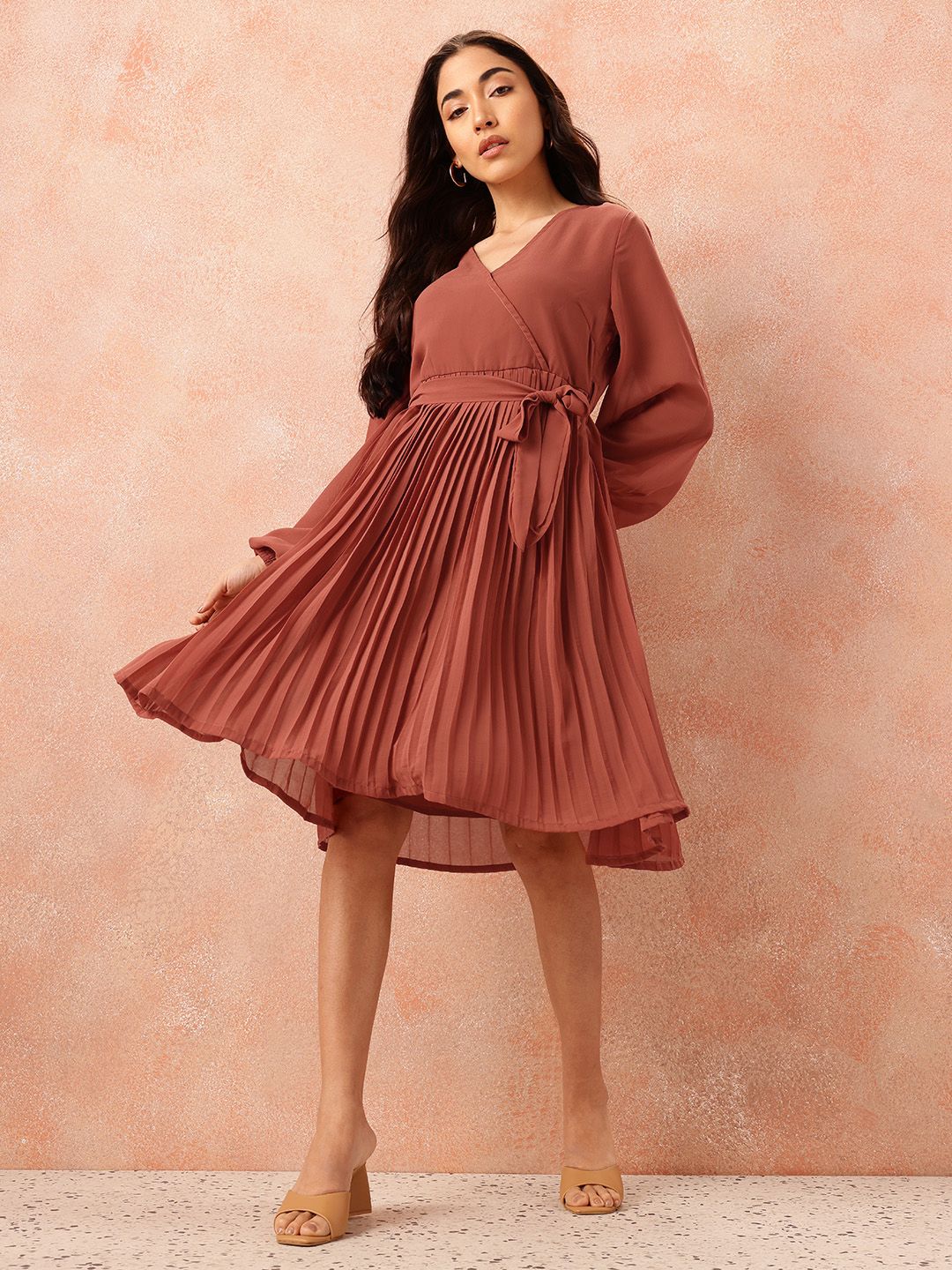 all about you Box Pleats Wrap Dress with Belt