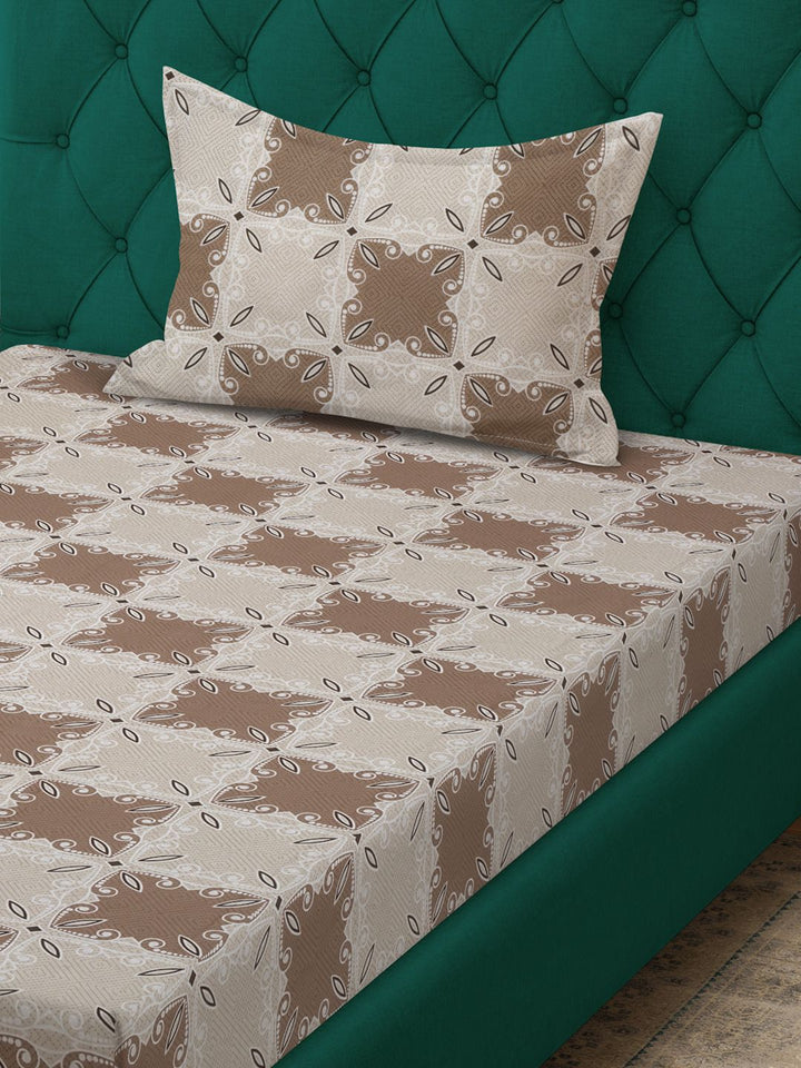 KLOTTHE Brown Floral Printed Pure Cotton 400 TC Single Bedsheet With Pillow Cover