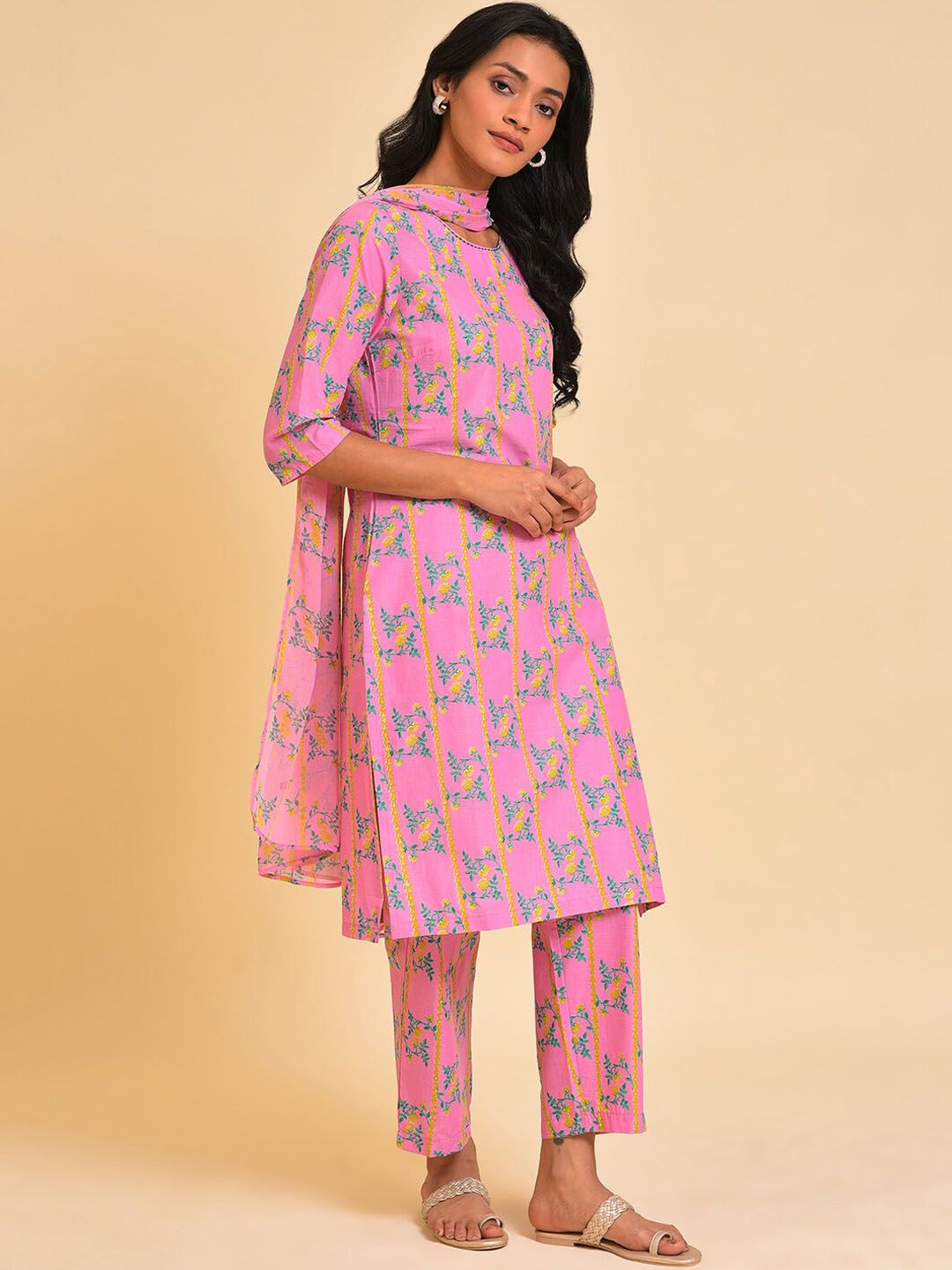 W Pink & Green & Yellow Floral Printed Pure Cotton Kurta With Trousers & Dupatta