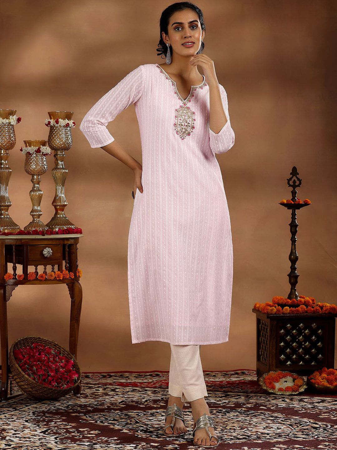 Libas Floral Yoke Design Cotton Straight Kurta