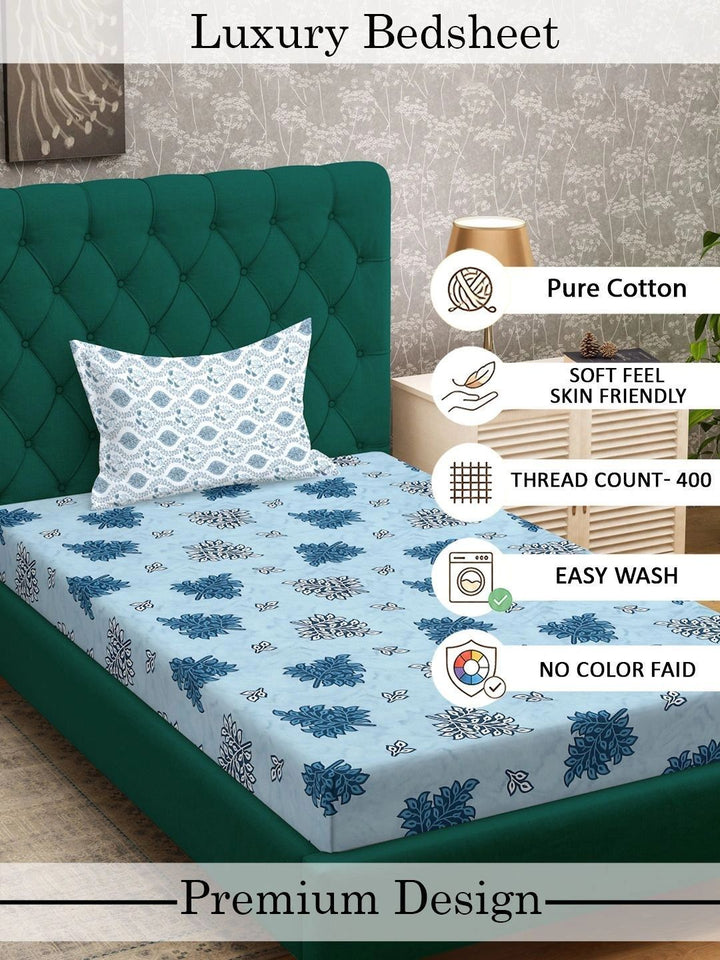 Myntra Elegant Homes Blue Floral 400 TC Single Bedsheet with 1 Pillow Covers